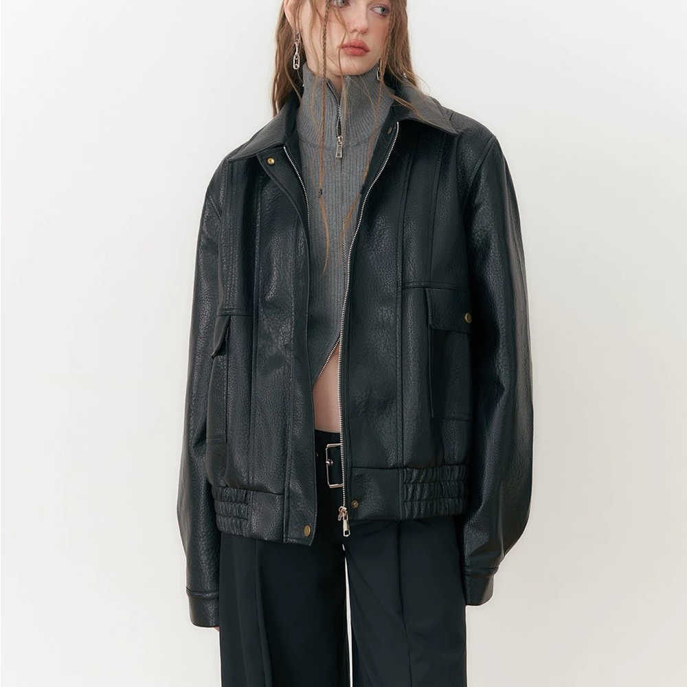 Oversized Black Faux Leather Jacket Medium